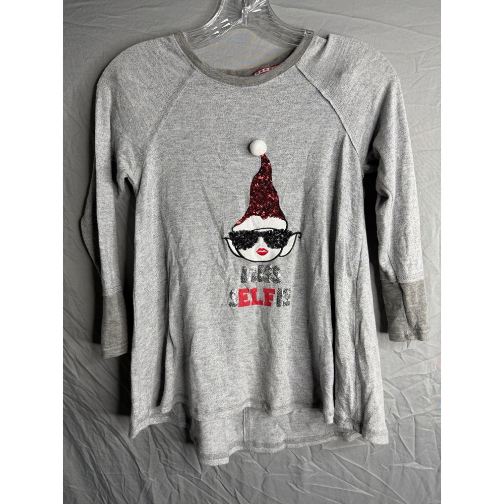 Poof Girl Miss Selfie Elf Christmas Tunic Top Gray Sequin Holiday Medium